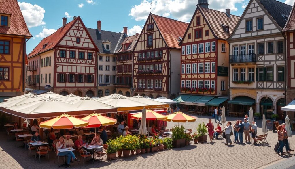 Detmold's historic market square during summer with outdoor cafes in Detmold, Germany