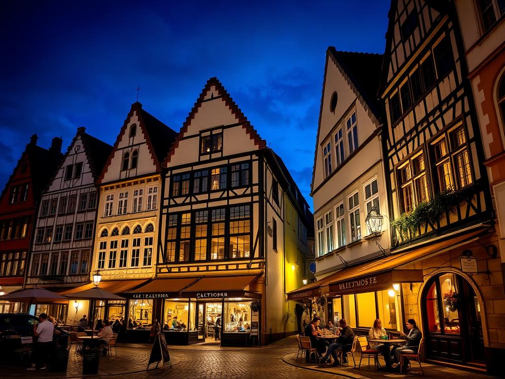 Evening scene in Bielefeld's Altstadt with illuminated buildings and outdoor cafes