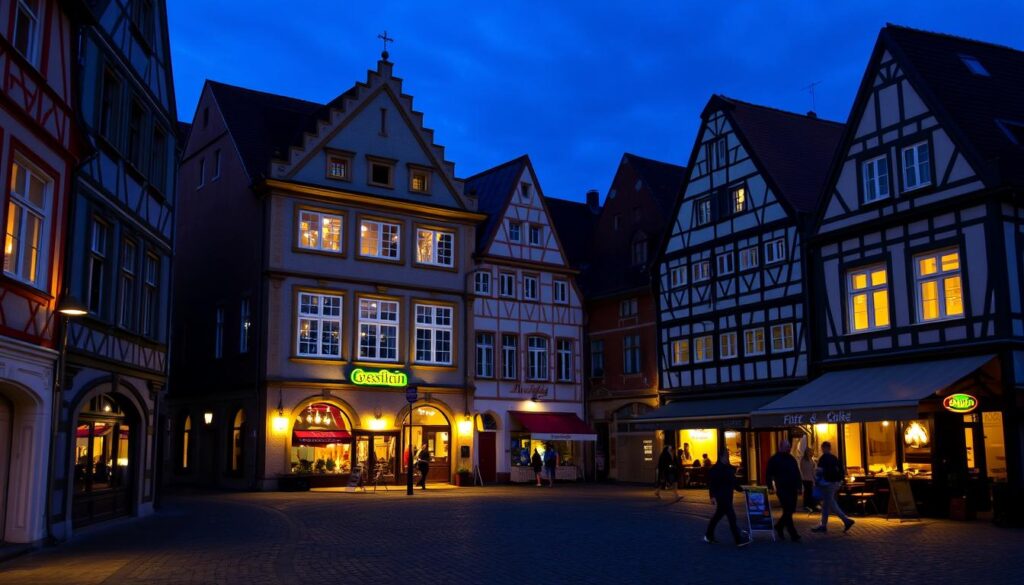 Evening scene in Grossenhain's town center with illuminated historic buildings