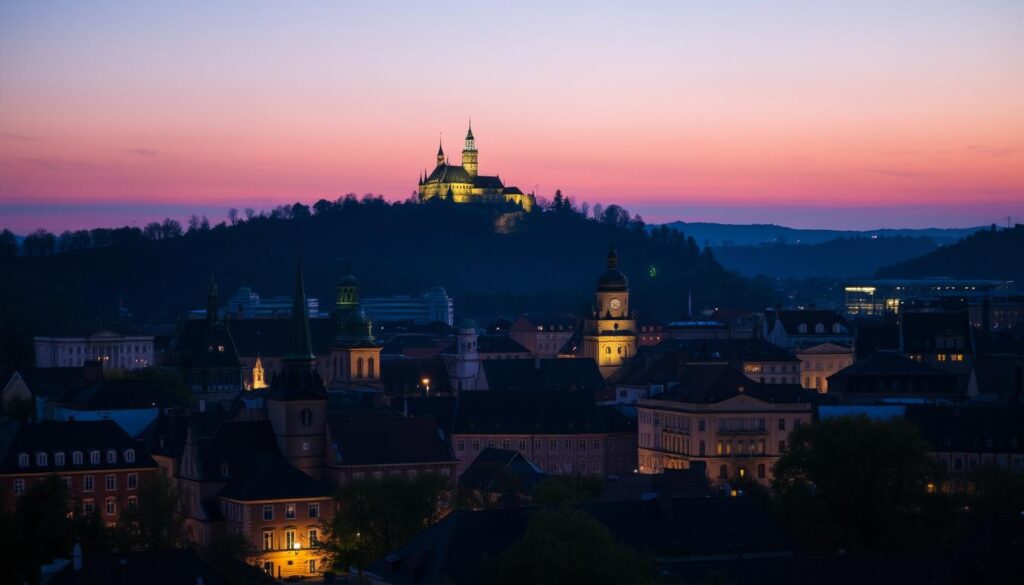 Evening view of Bielefeld, Germany with city lights and Sparrenburg Castle illuminated