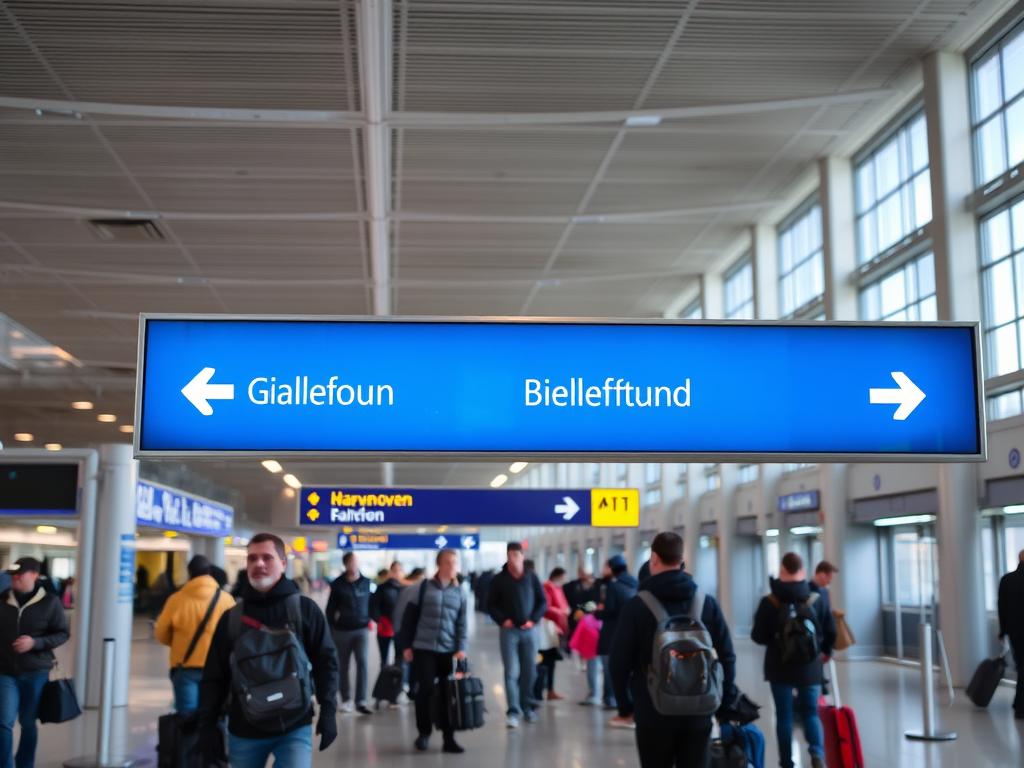 Hannover Airport terminal with connection signs to Bielefeld