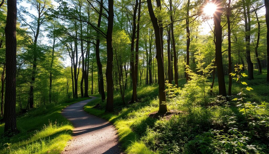 Hiking trail through Klüt forest with sunlight filtering through trees