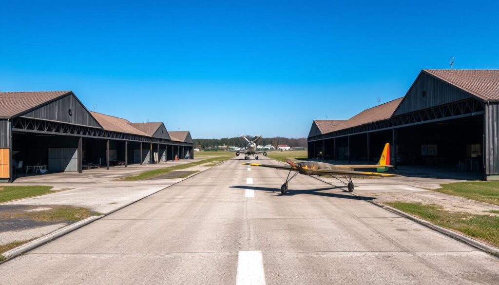 Historic Grossenhain Airfield with vintage aircraft and hangars