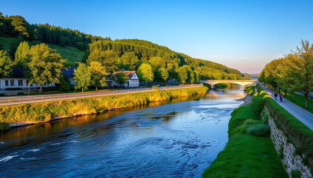 River Röder flowing through Grossenhain with walking paths and greenery