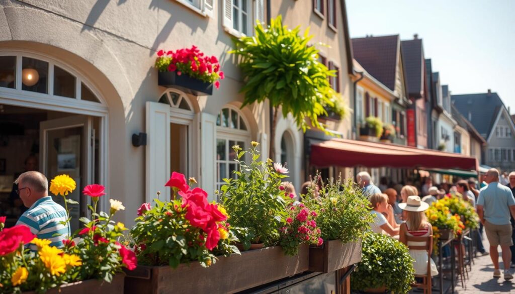 Summer scene in Grossenhain with outdoor cafes and flowering plants