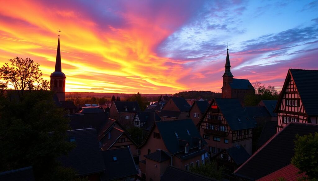 Sunset view over Detmold's old town with half-timbered houses in Detmold, Germany