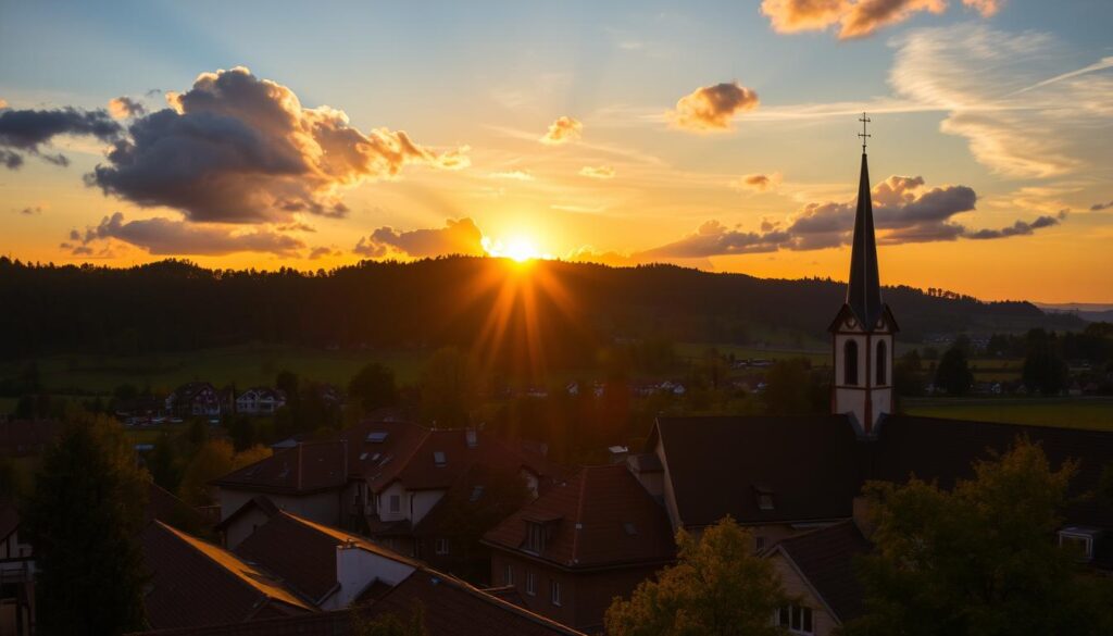 Sunset view over Rollshausen, Germany showing the village nestled in the countryside