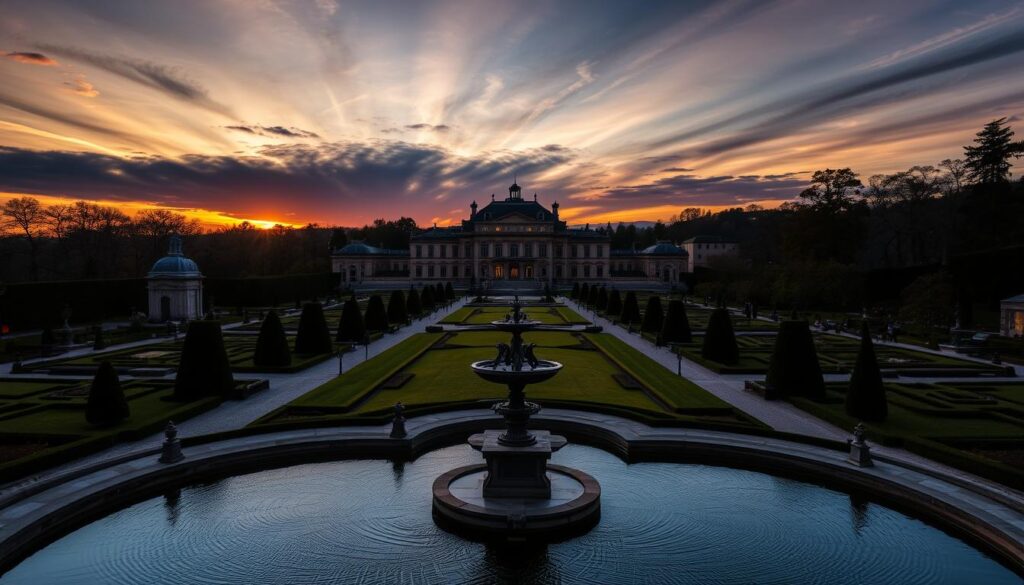 Sunset view over the Baroque gardens of Zabeltitz, Germany