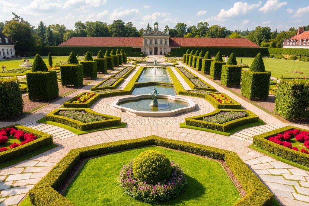 The beautiful Baroque Garden in Zabeltitz, Germany with fountains and formal landscaping