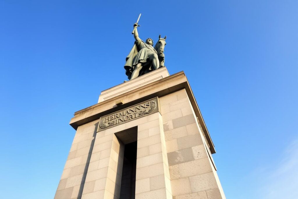 The towering Hermannsdenkmal monument in Detmold, Germany against blue sky