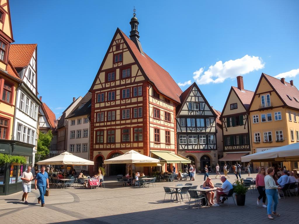 Town Hall and Market Square in Grossenhain, Germany with outdoor cafes and local residents