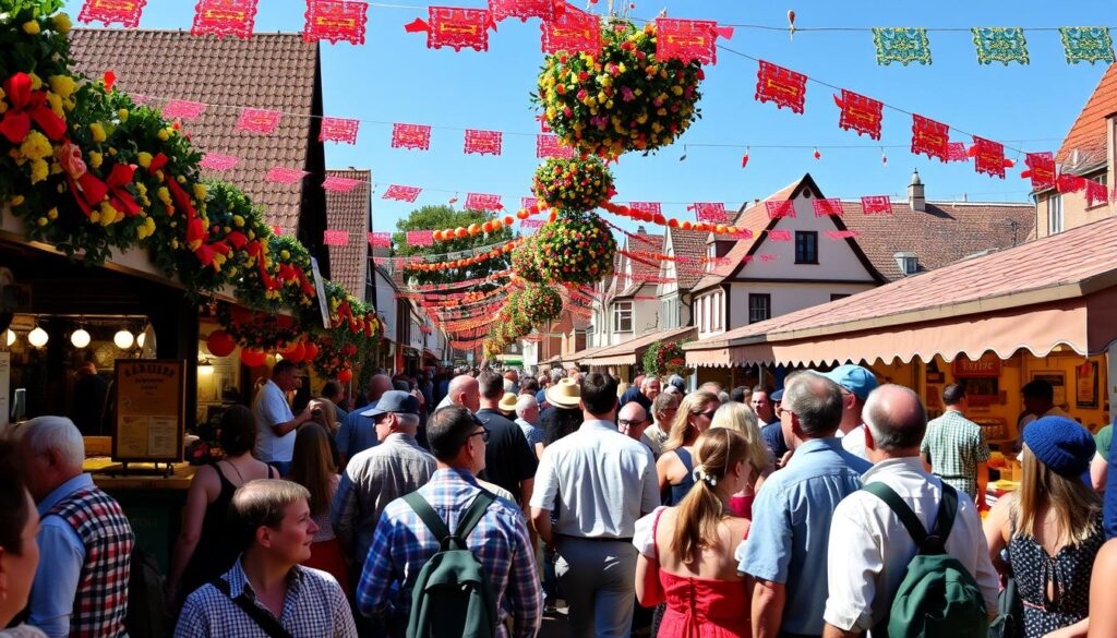 Traditional Leinewebermarkt festival in Bielefeld with crowds and decorations
