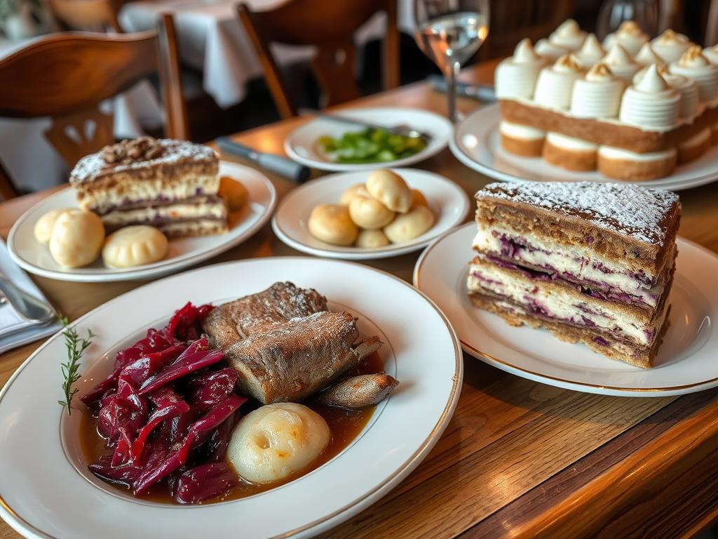 Traditional Saxon cuisine from Grossenhain including Sauerbraten and Eierschecke