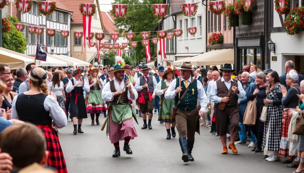 Traditional Schützenfest celebration in Grossenhain with people in traditional costumes
