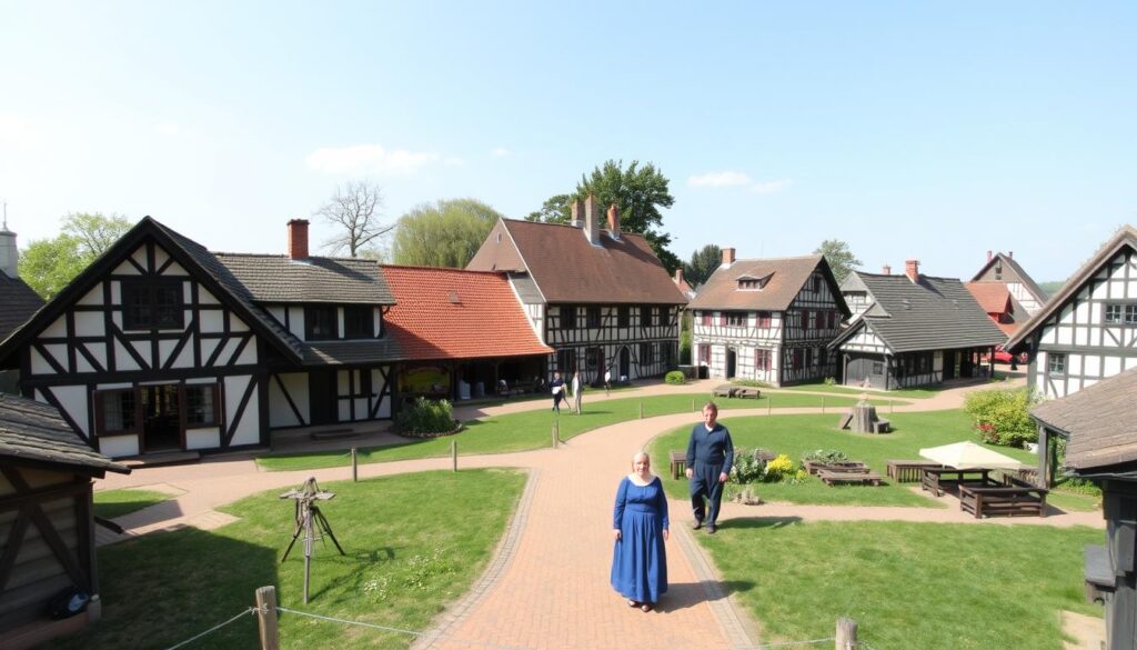 Traditional buildings at the Westphalian Open-Air Museum in Detmold, Germany