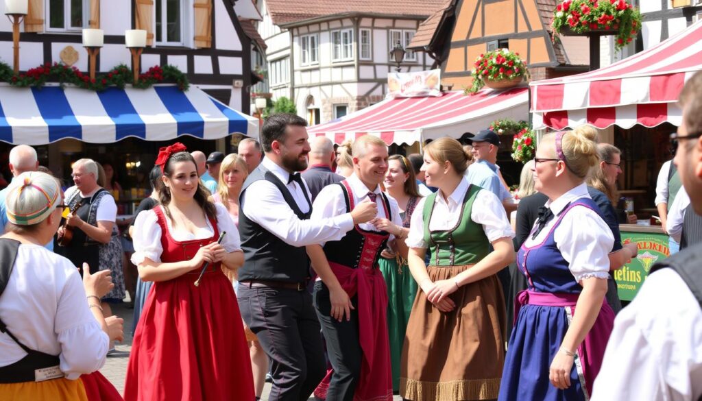 Traditional festival celebration in Rollshausen, Germany with locals in traditional costumes