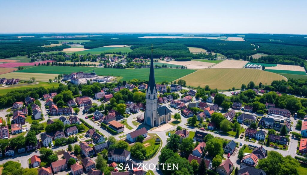 Drohnenbild von Salzkotten, Germany mit Blick auf die Stadtmitte und umliegende Landschaft