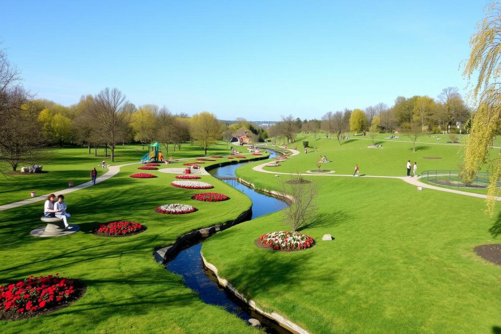 Hederauenpark in Salzkotten, Germany mit grünen Wiesen und Fluss