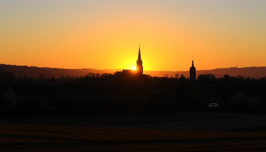 Sonnenuntergang über der Stadtsilhouette von Salzkotten, Germany