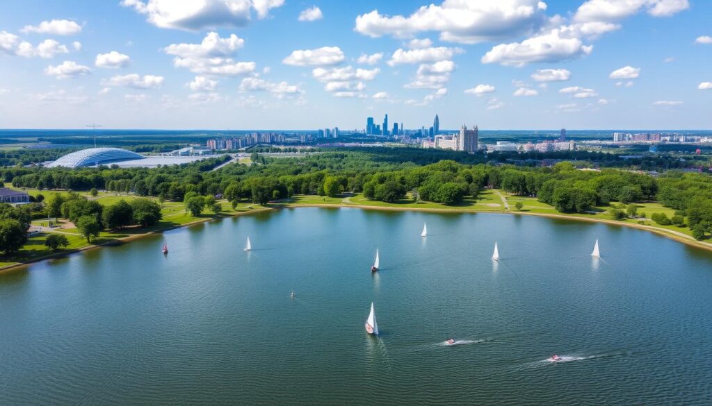 Aerial view of Maschsee Lake in Hannover with modern skyline in the background
