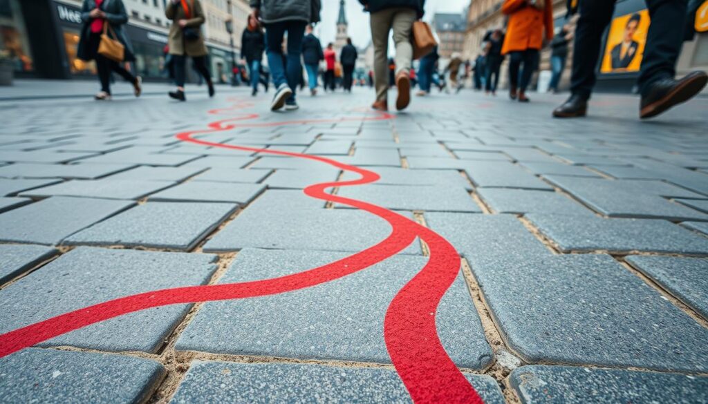 The Red Thread painted line guiding tourists through Hannover's attractions