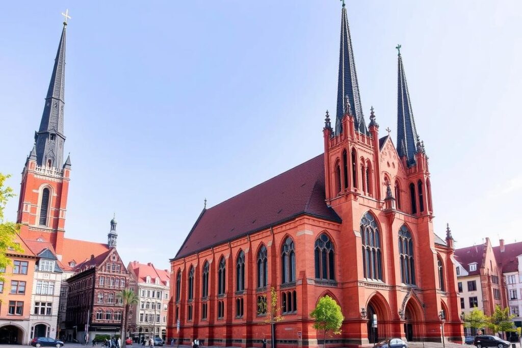 The historic Marktkirche in Hannover's Old Town with its distinctive brick Gothic architecture