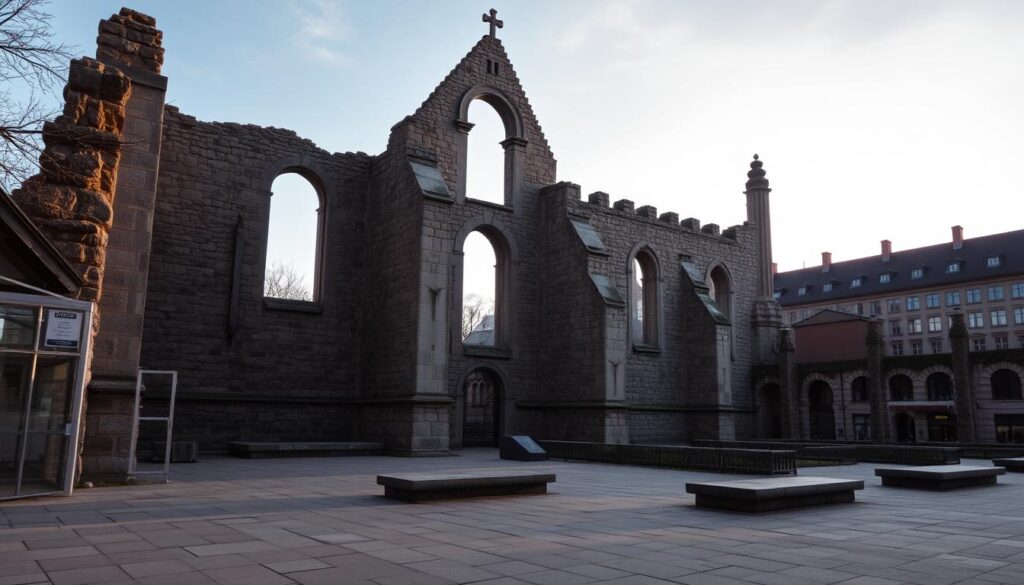 The ruins of Aegidienkirche standing as a war memorial in Hannover's city center