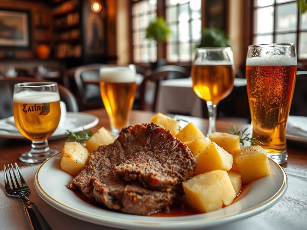 Traditional Düsseldorfer Senfrostbraten with Altbier in NRW Germany