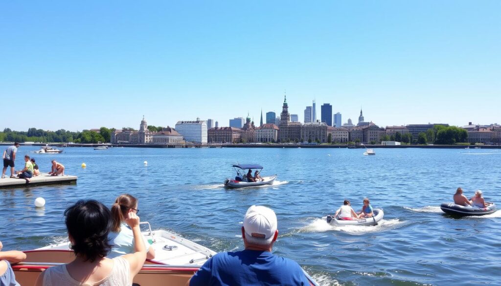 Visitors enjoying a boat tour on Maschsee Lake with Hannover skyline in the background