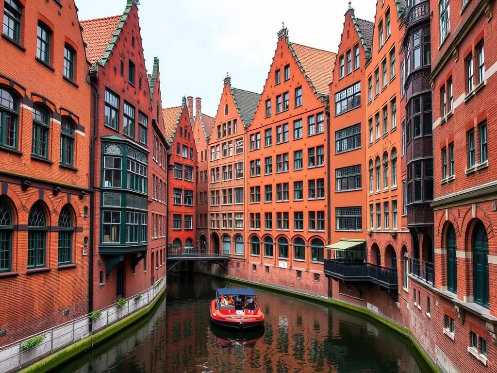 Historic red-brick buildings and narrow canals of Hamburg's Speicherstadt warehouse district