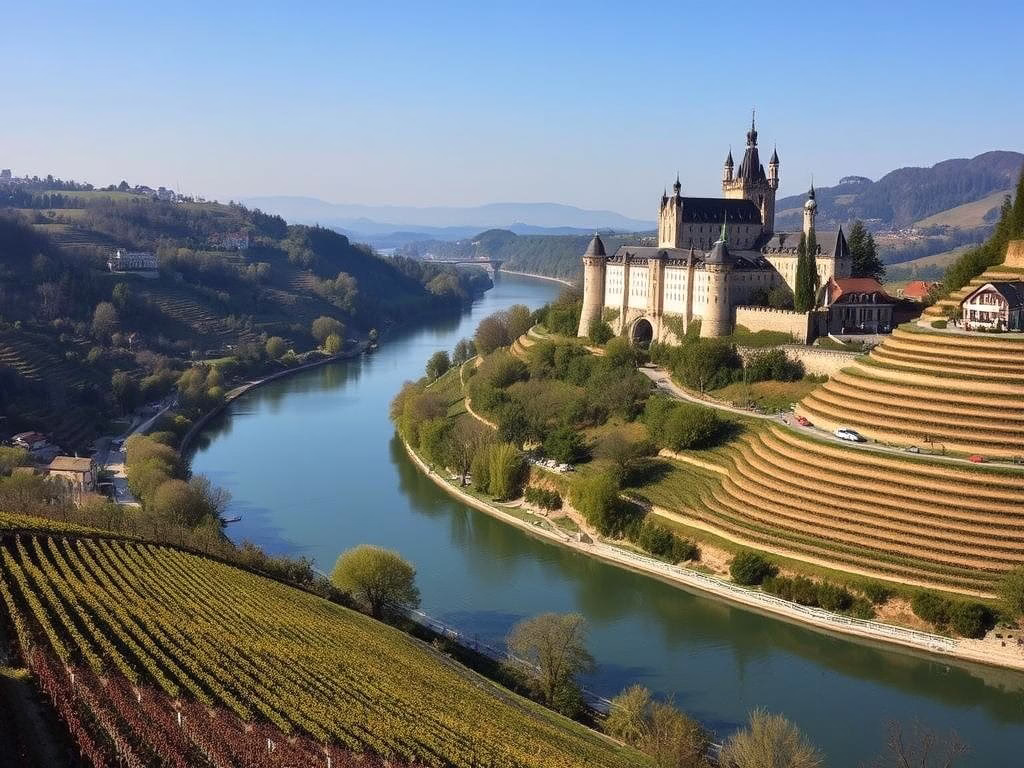 The Rhine River Valley with vineyards and medieval castles