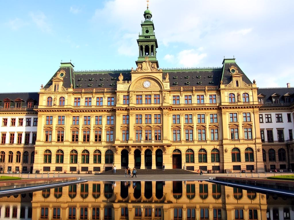 The historic Hamburg Rathaus (City Hall) with its Renaissance architecture and reflecting pool